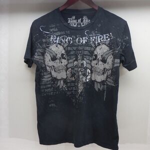Ring of Fire Mens Skull Fleur De Lis Graphic T-Shirt Black Silver Foil Medium